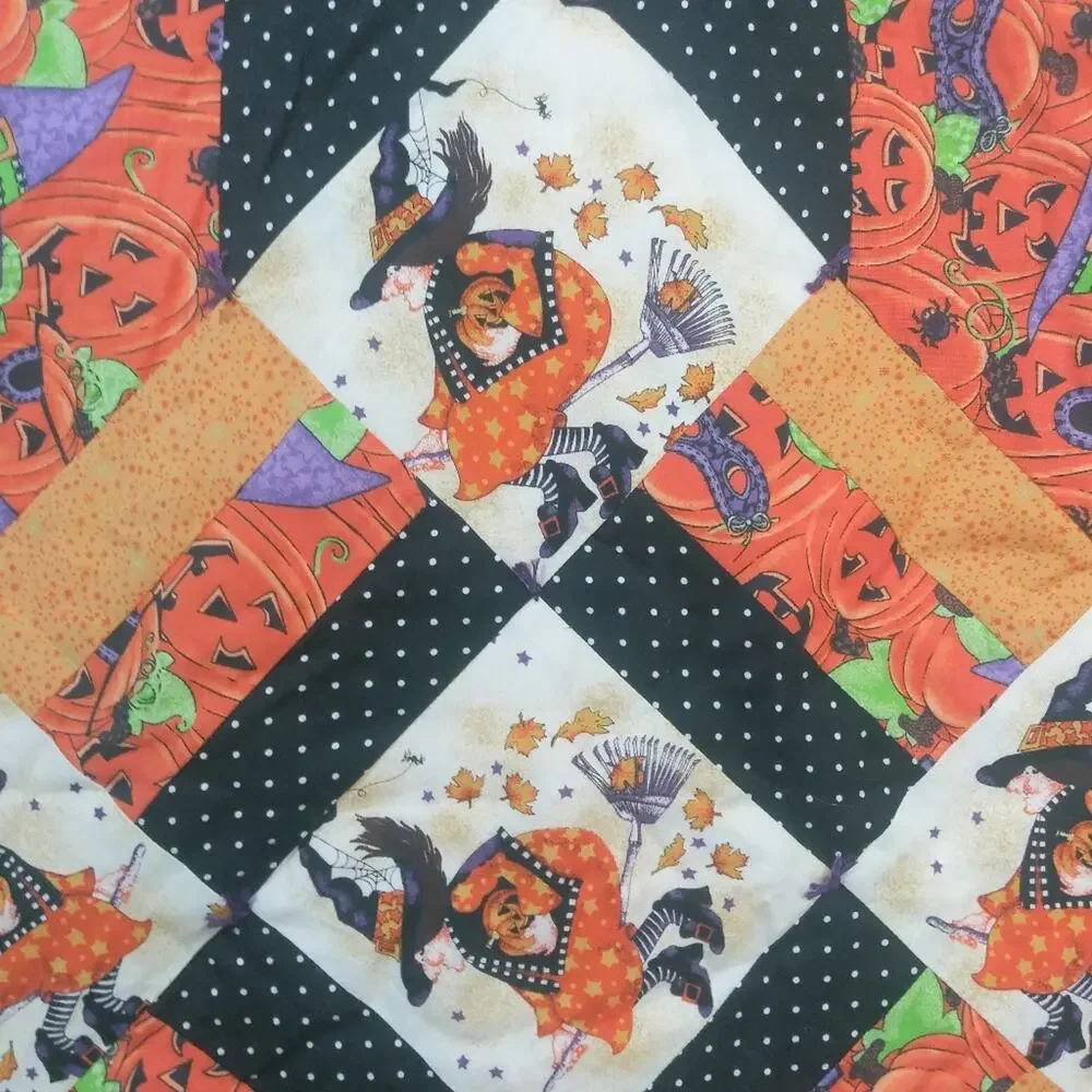 Handmade Halloween Quilted Table Runner Orange Black Witch